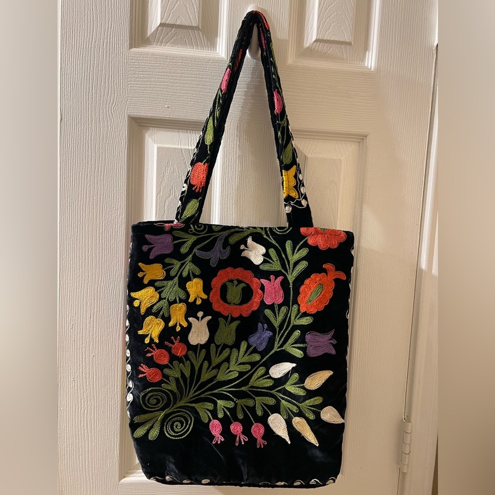 Vintage velvet Black Floral Embroidered Tote Bag - Colorful Flower Design